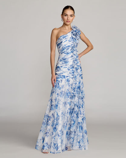 Mac Duggal Petite Blue Ruched Floral Chiffon Gown With 3D Ruffles