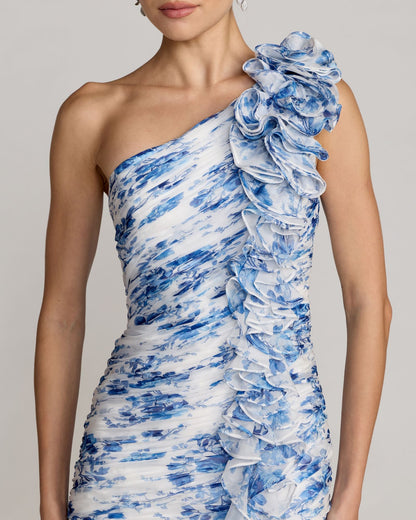 Mac Duggal Petite Blue Ruched Floral Chiffon Gown With 3D Ruffles