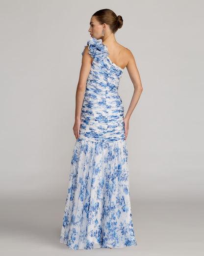 Mac Duggal Petite Blue Ruched Floral Chiffon Gown With 3D Ruffles