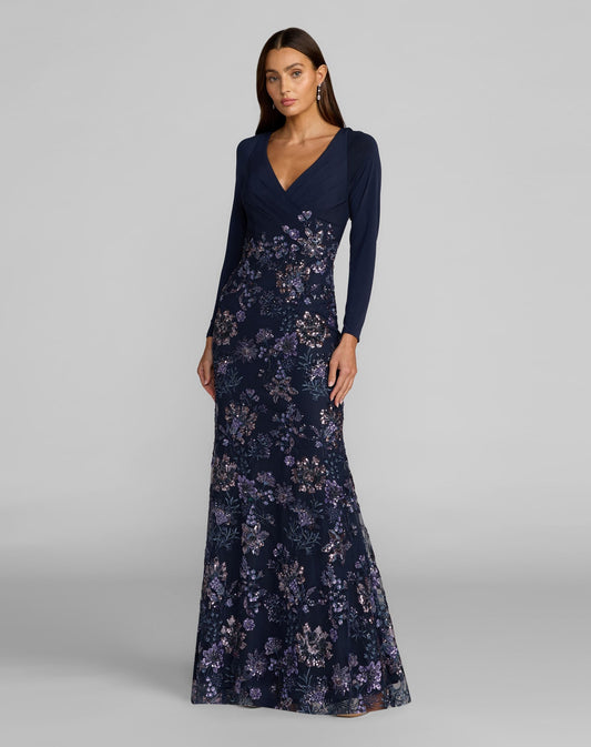 Mac Duggal Petite Navy Floral Embroidered Jersey Long Sleeve Gown