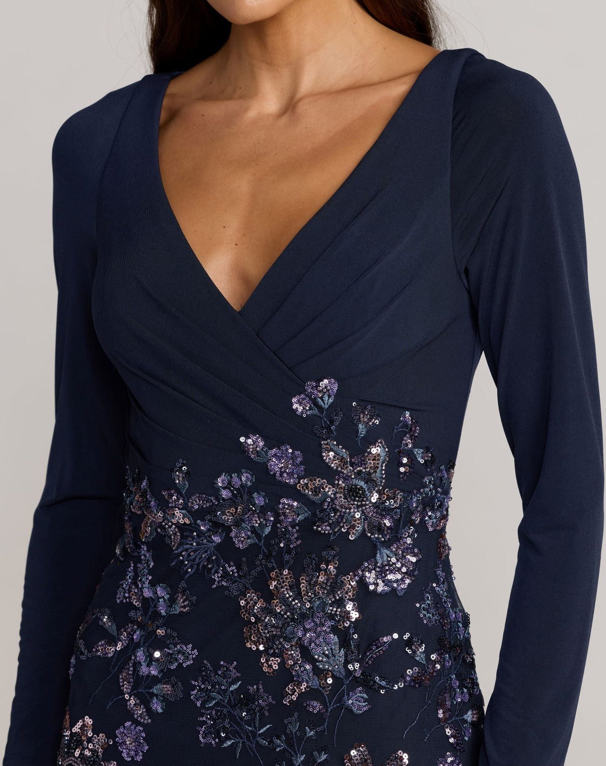 Mac Duggal Petite Navy Floral Embroidered Jersey Long Sleeve Gown