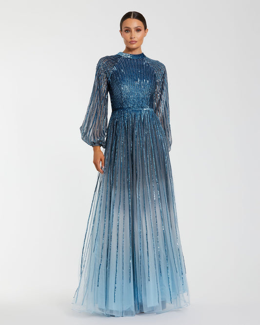Mac Duggal Petite Ombré Sequin Long Sleeve A-Line Gown