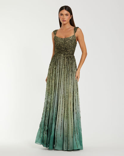 Mac Duggal Petite Green Sleeveless Sequin A Line Ombre Gown