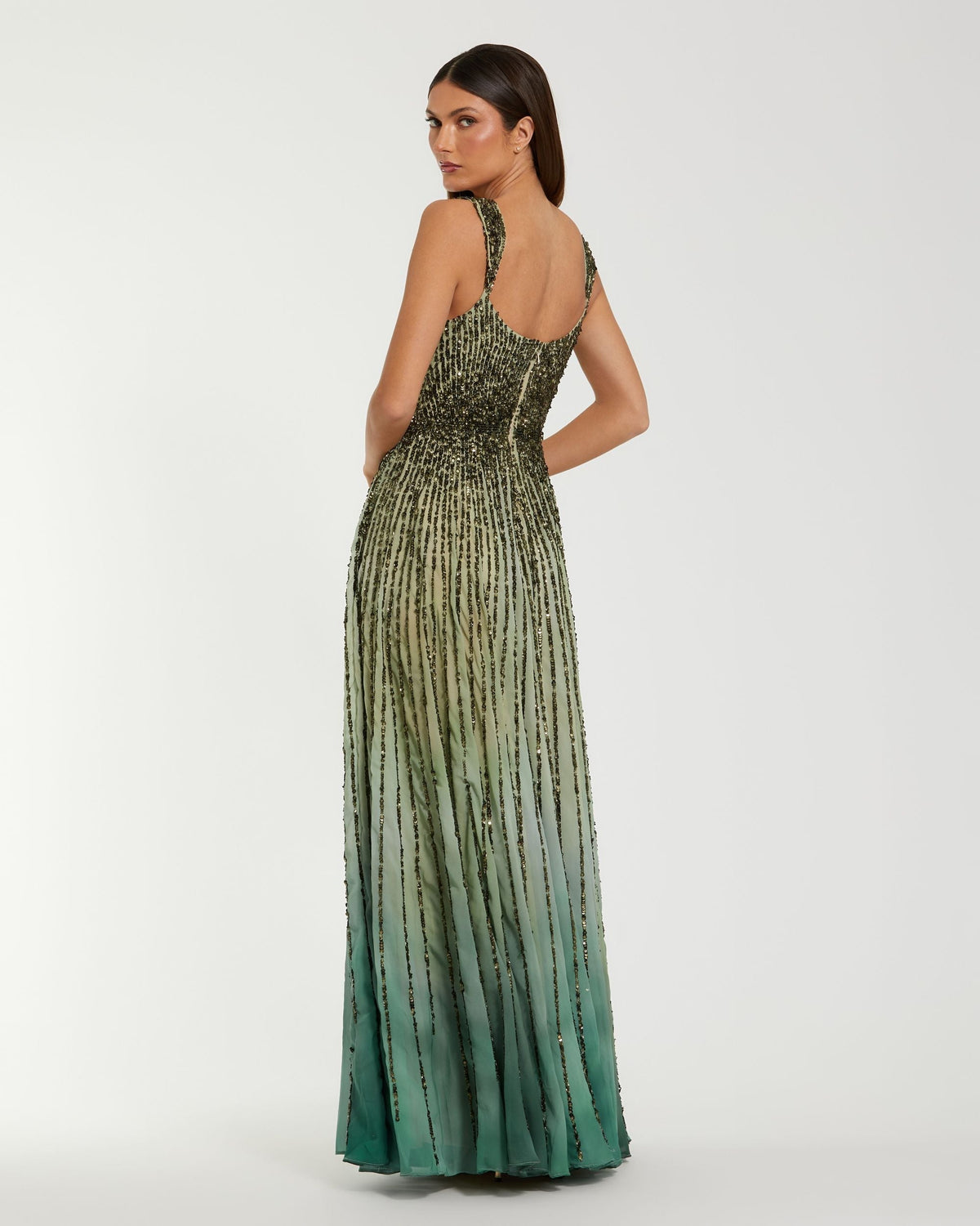 Mac Duggal Petite Green Sleeveless Sequin A Line Ombre Gown
