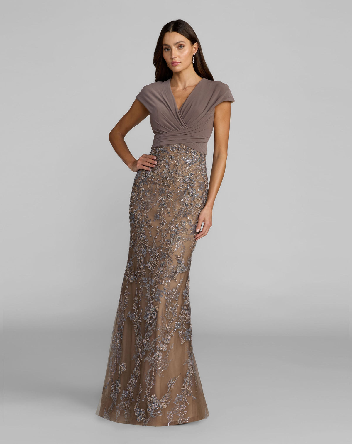 Mac Duggal Beige Floral Embellished Wrap Gown