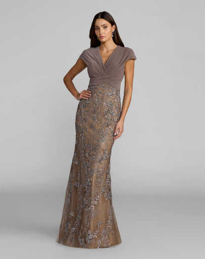 Mac Duggal Beige Floral Embellished Wrap Gown