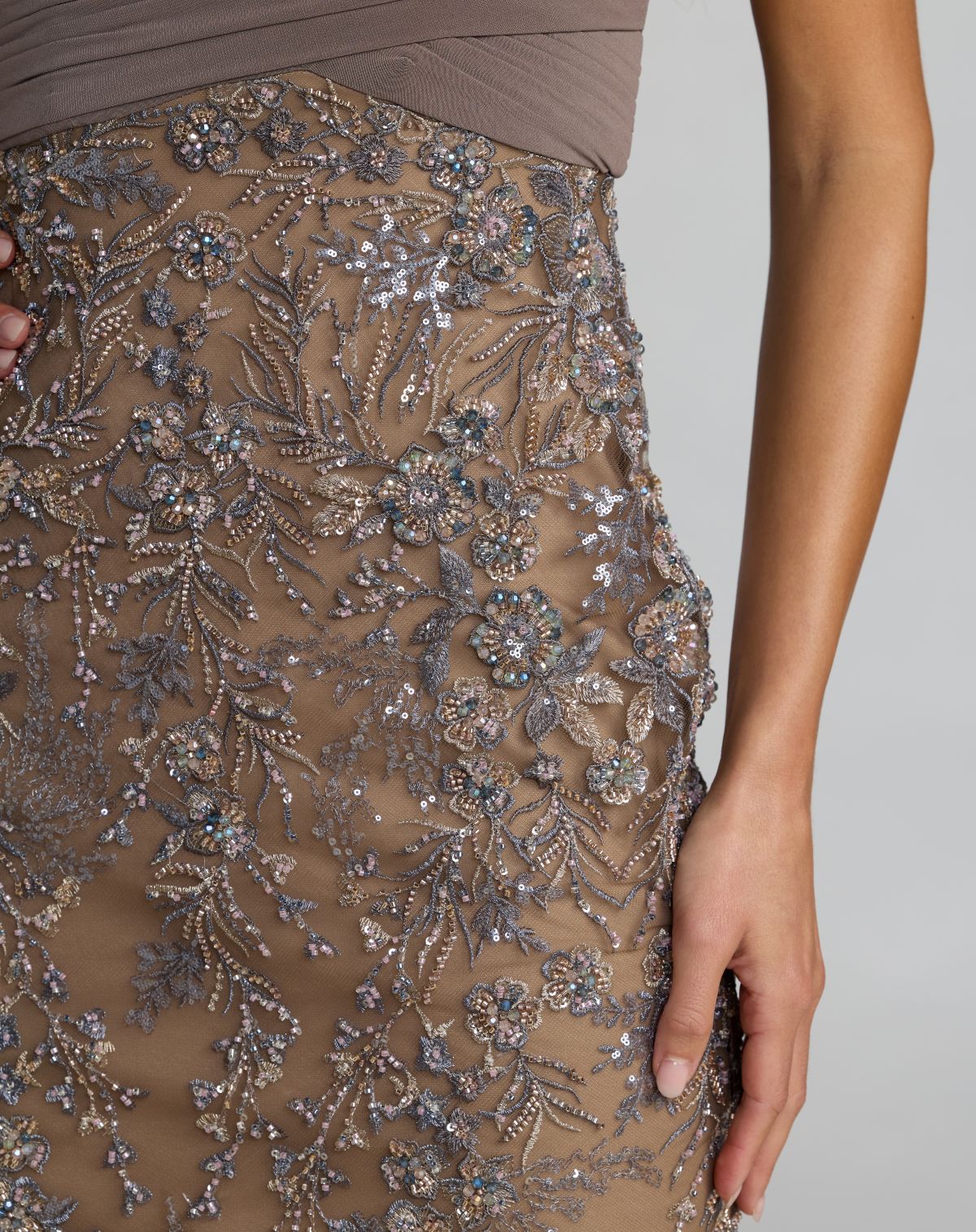 Mac Duggal Beige Floral Embellished Wrap Gown