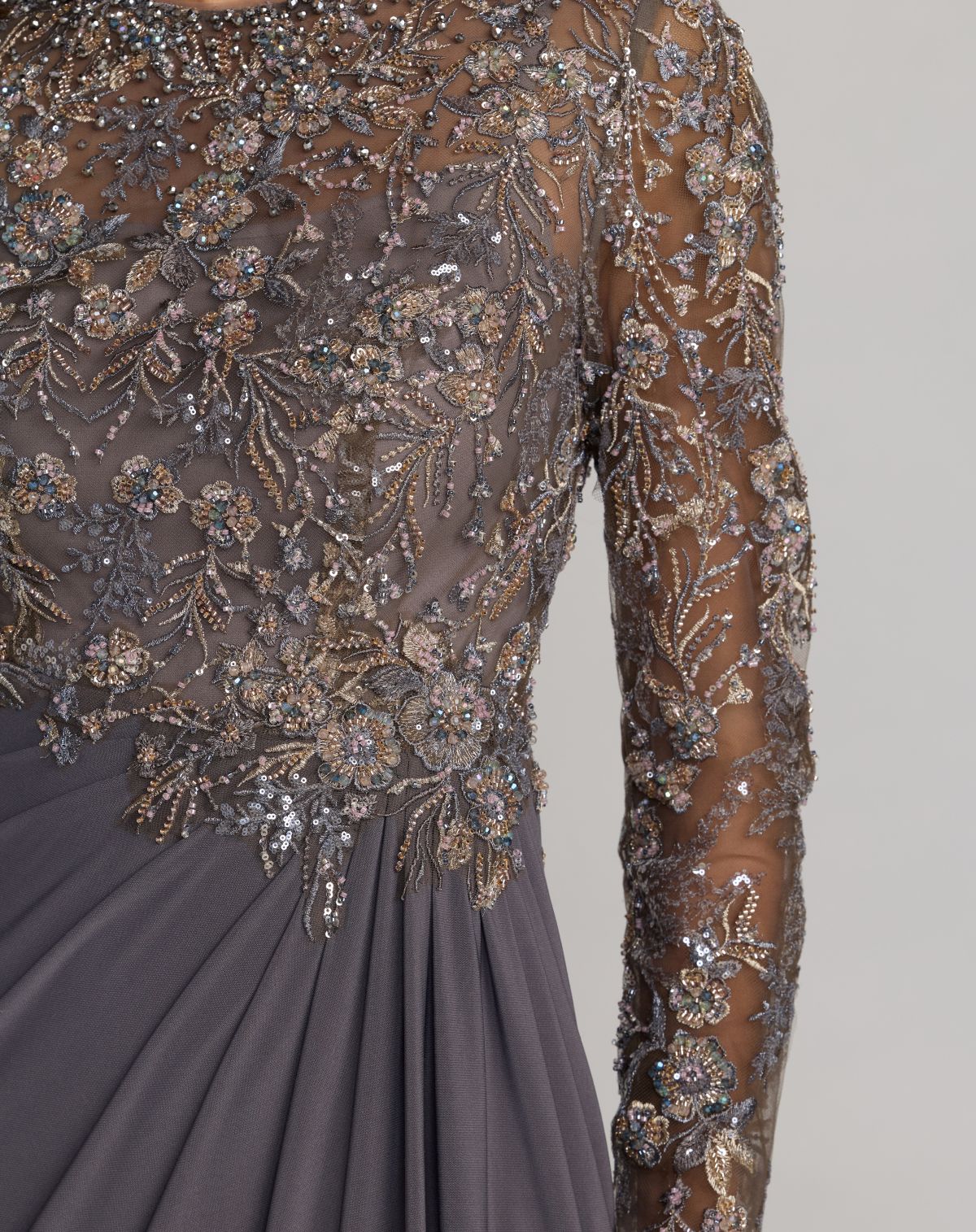 Mac Duggal Gray Embroidered Long Sleeve Jersey Gown