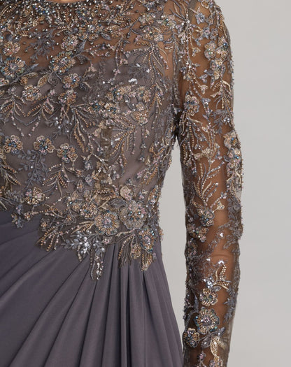 Mac Duggal Gray Embroidered Long Sleeve Jersey Gown
