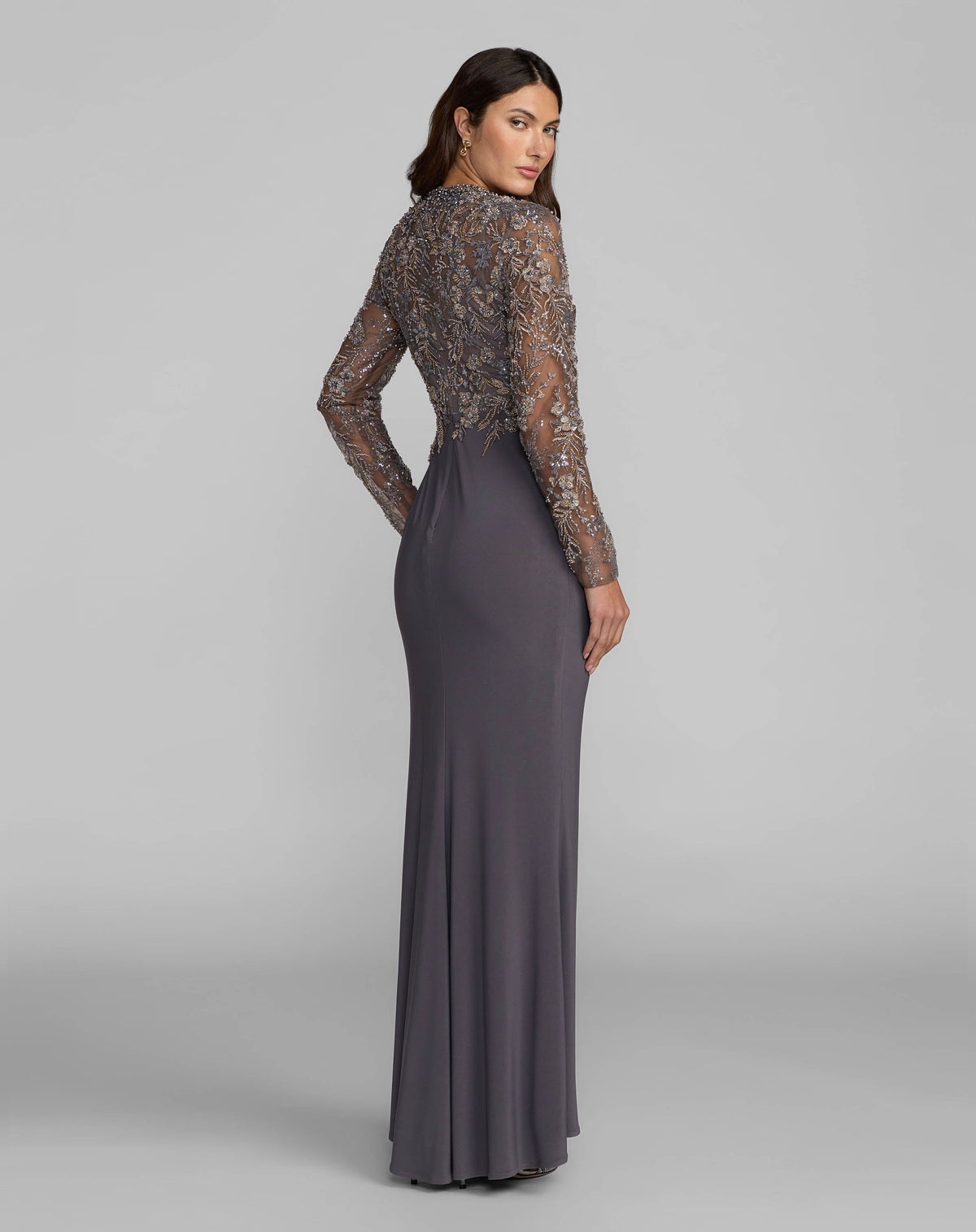 Mac Duggal Gray Embroidered Long Sleeve Jersey Gown