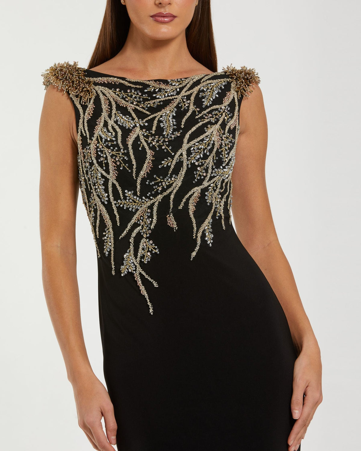 Mac Duggal Black Hand Beaded Cap Sleeve Jersey Gown
