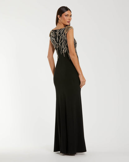Mac Duggal Black Hand Beaded Cap Sleeve Jersey Gown