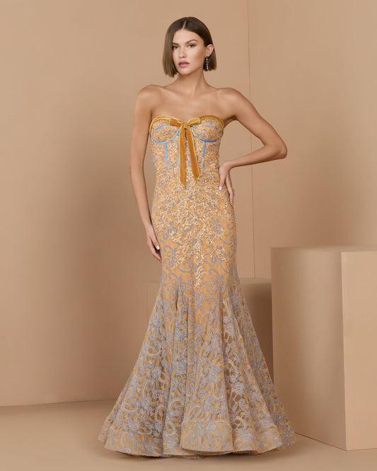 Mac Duggal Orange Embroidered Lace Strapless Mermaid Gown