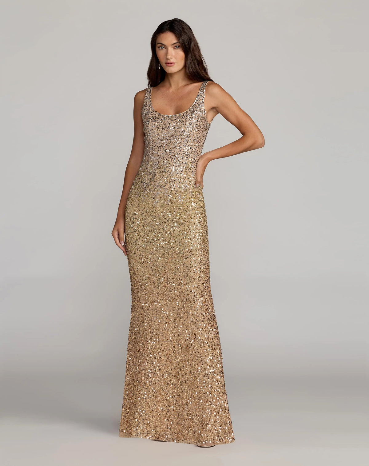 Mac Duggal Gold Sequin Scoop Neck Column Gown