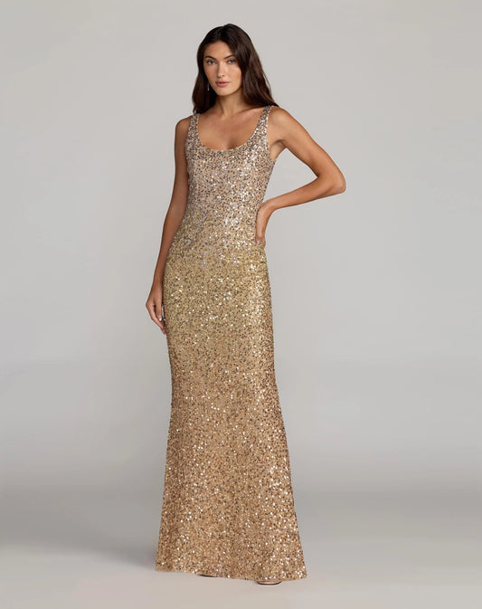 Mac Duggal Gold Sequin Scoop Neck Column Gown