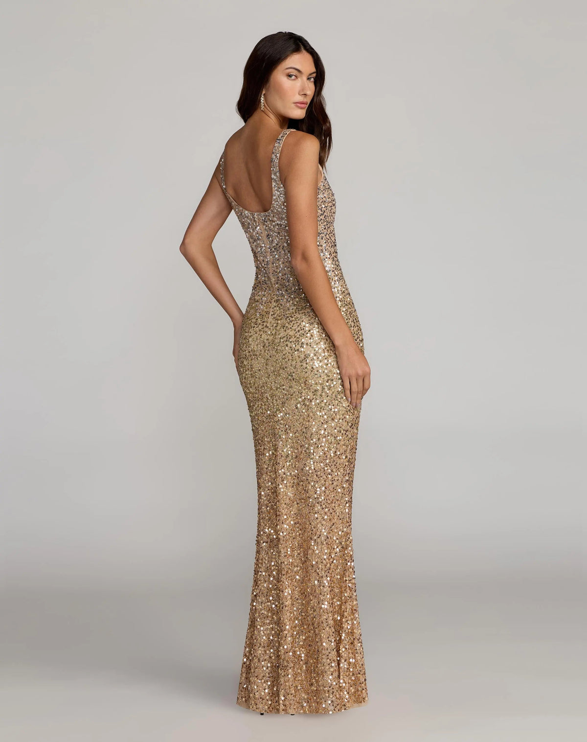 Mac Duggal Gold Sequin Scoop Neck Column Gown