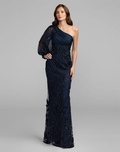 Mac Duggal Petite Navy One Sleeve Chiffon Embellished Gown