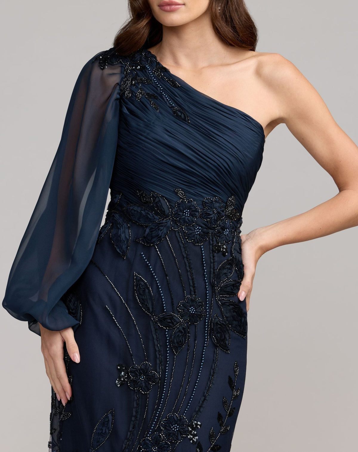 Mac Duggal Petite Navy One Sleeve Chiffon Embellished Gown