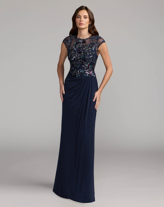 Mac Duggal Navy Embroidered Cap Sleeve Jersey Gown