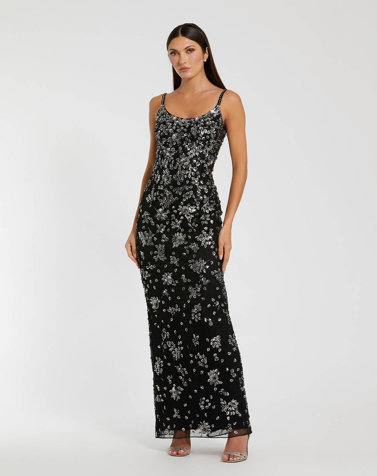 Mac Duggal Black Floral Embellished Scoop Neck Evening Gown