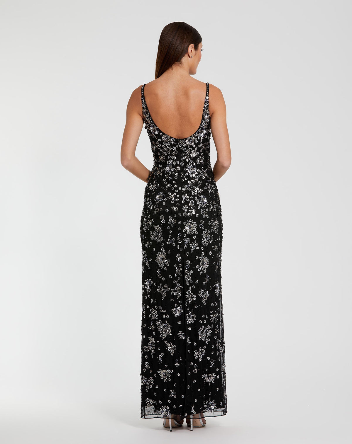 Mac Duggal Black Floral Embellished Scoop Neck Evening Gown