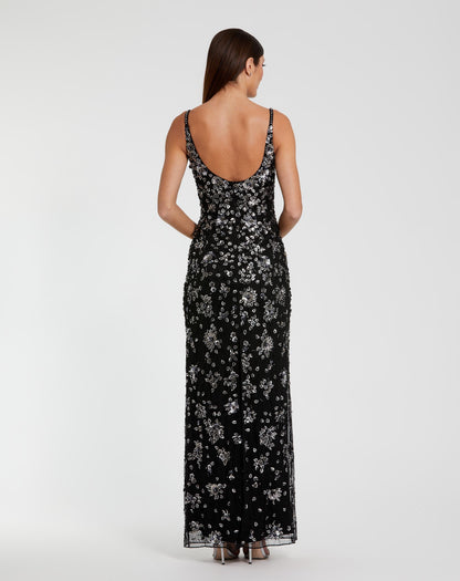 Mac Duggal Black Floral Embellished Scoop Neck Evening Gown