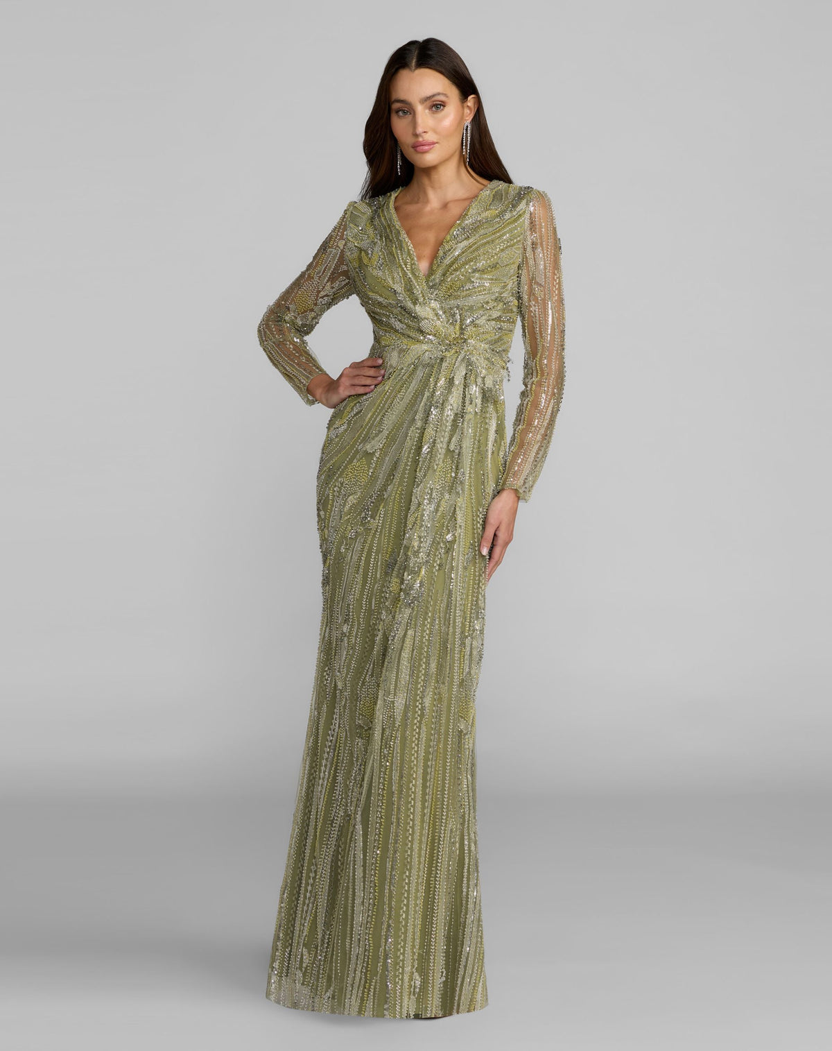 Mac Duggal Green Hand Embellished V-Neck Column Gown
