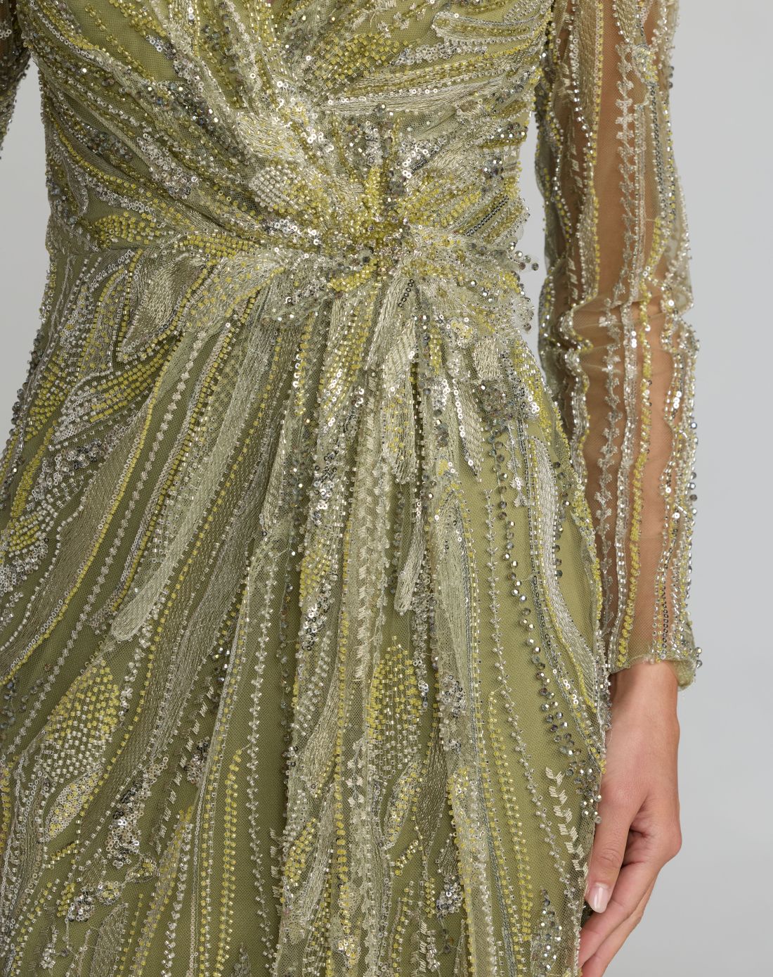 Mac Duggal Green Hand Embellished V-Neck Column Gown