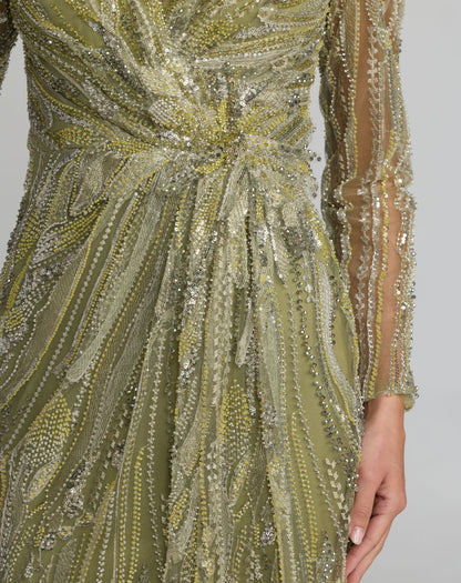 Mac Duggal Green Hand Embellished V-Neck Column Gown
