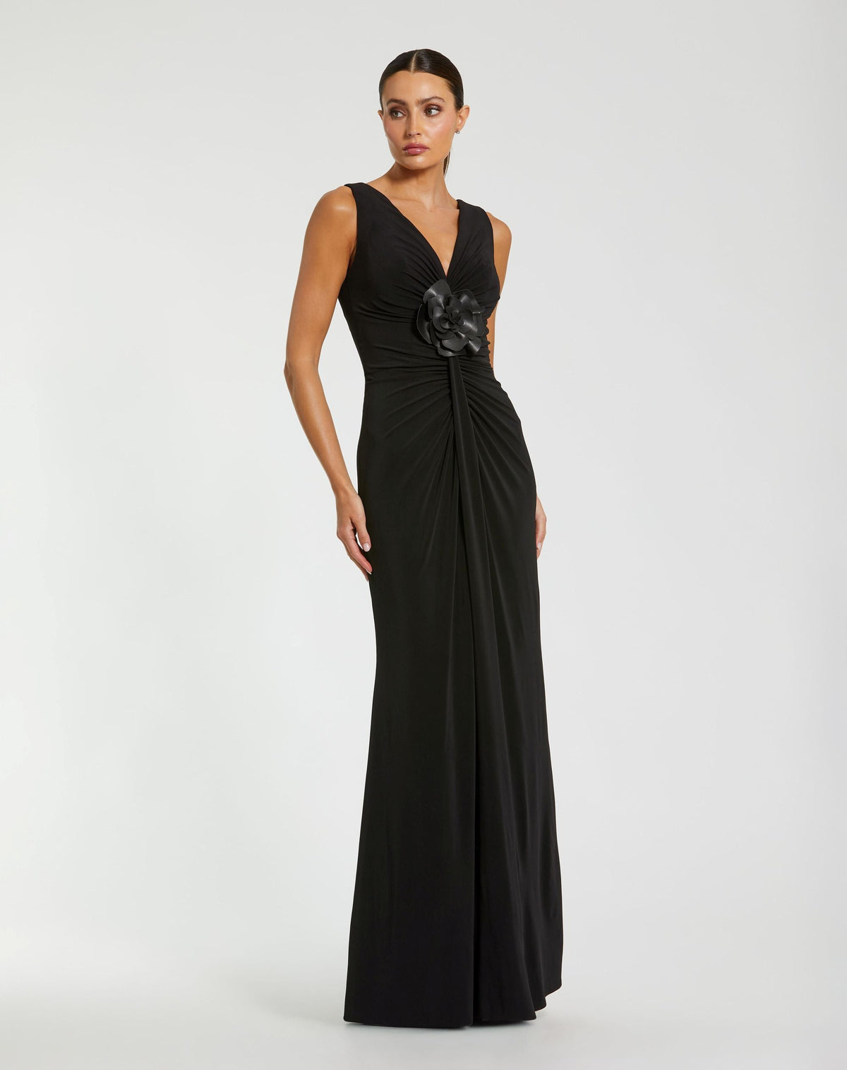 Mac Duggal Black Sleeveless Jersey Gown With 3D Flower
