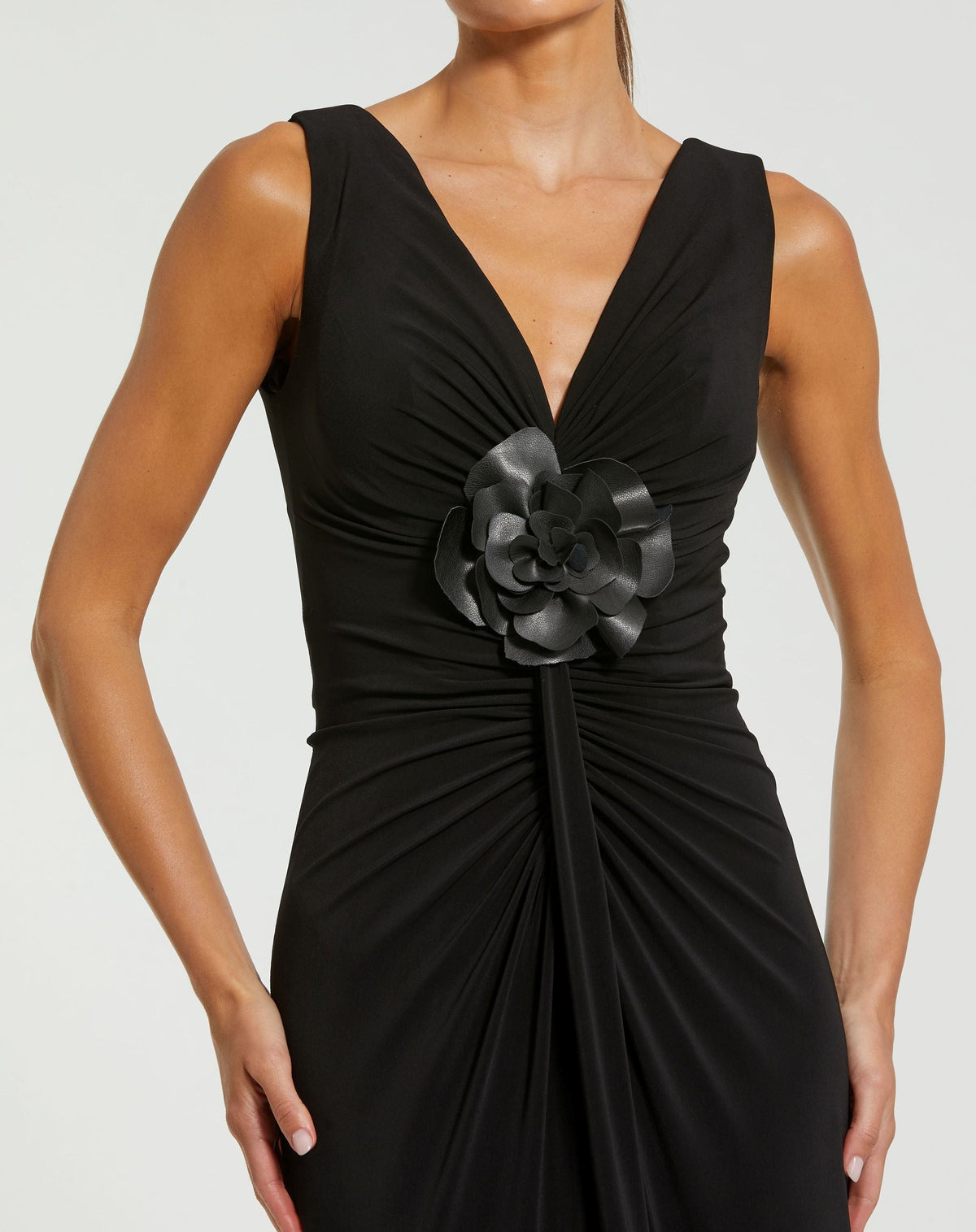 Mac Duggal Black Sleeveless Jersey Gown With 3D Flower