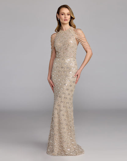 Mac Duggal Ivory Draped Pearl Embellished Column Gown