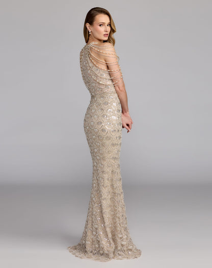 Mac Duggal Ivory Draped Pearl Embellished Column Gown