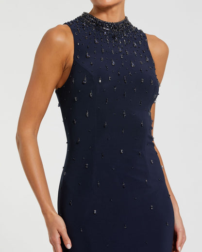 Mac Duggal Navy Rhinestone Embellished Sleeveless Crepe Gown
