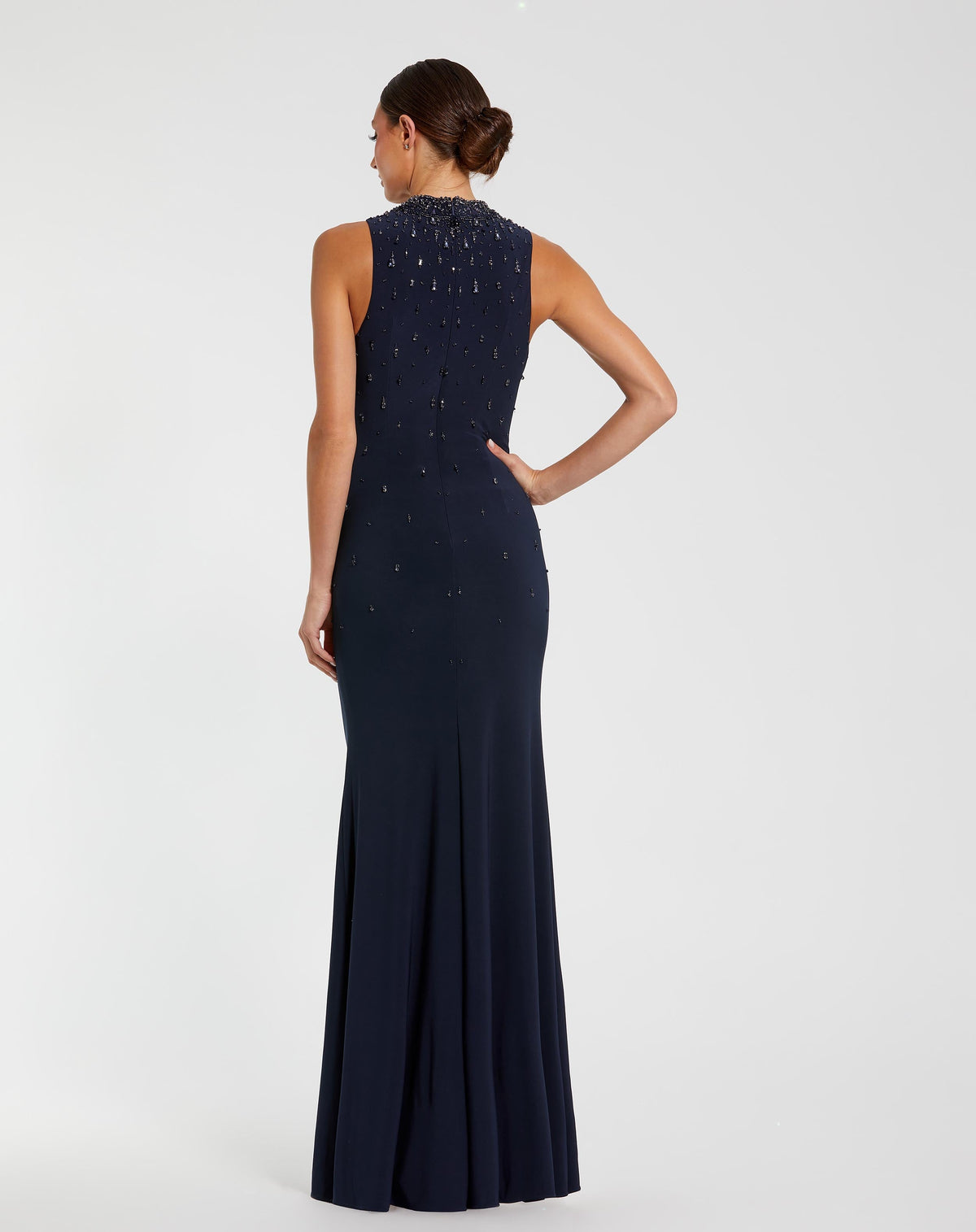 Mac Duggal Navy Rhinestone Embellished Sleeveless Crepe Gown
