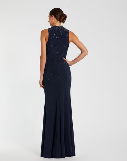 Mac Duggal Navy Rhinestone Embellished Sleeveless Crepe Gown