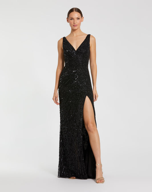 Mac Duggal Black Beaded Floral Sleeveless Gown
