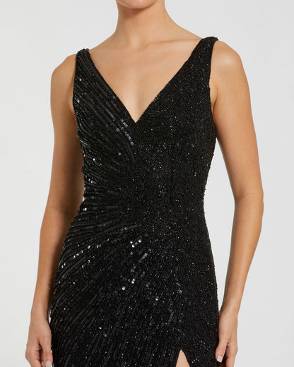 Mac Duggal Black Beaded Floral Sleeveless Gown