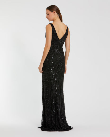Mac Duggal Black Beaded Floral Sleeveless Gown