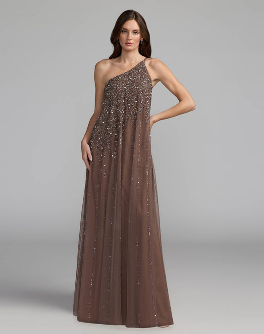 Mac Duggal Brown One Shoulder Embellished Trapeze Gown