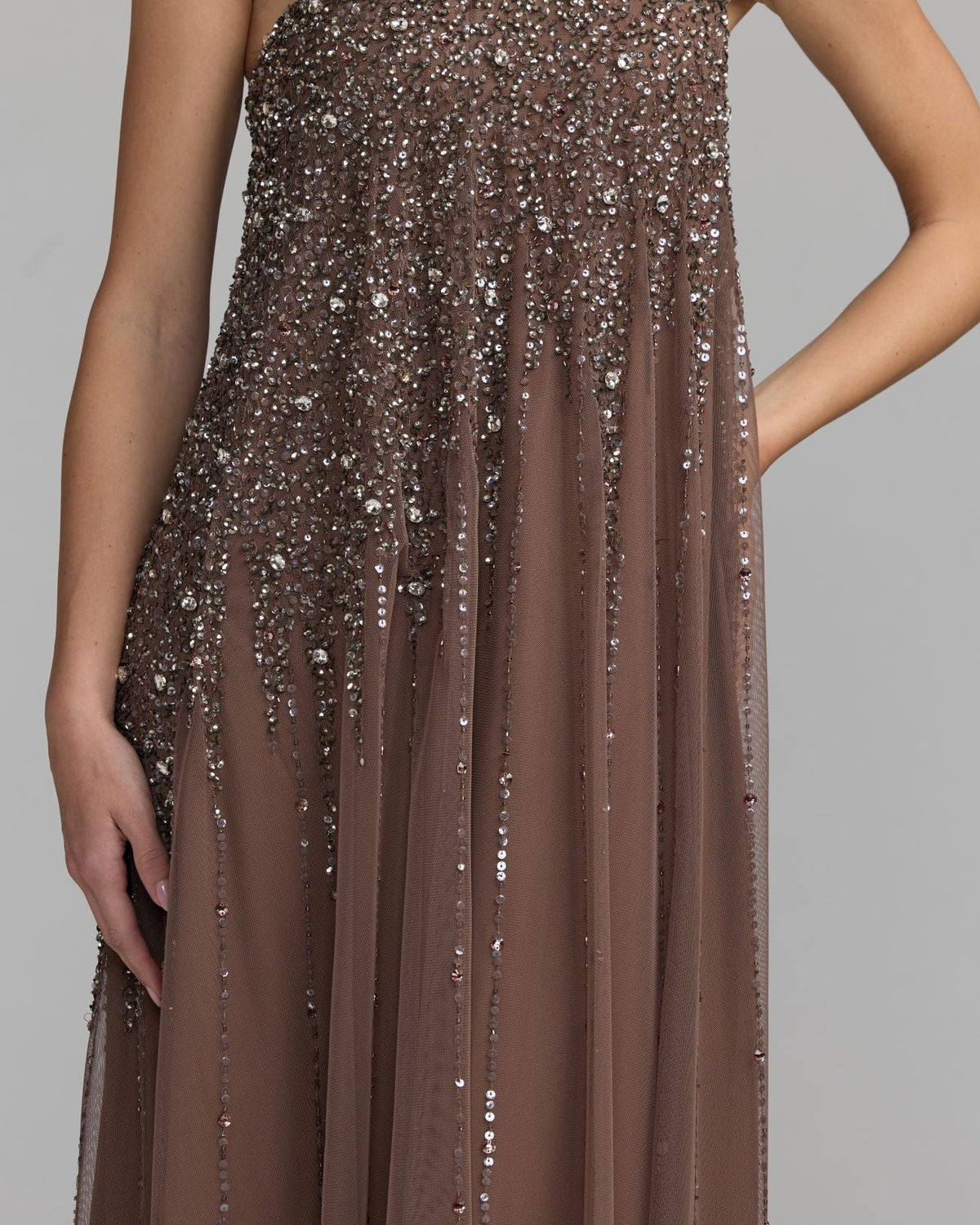 Mac Duggal Brown One Shoulder Embellished Trapeze Gown