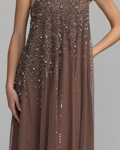 Mac Duggal Brown One Shoulder Embellished Trapeze Gown