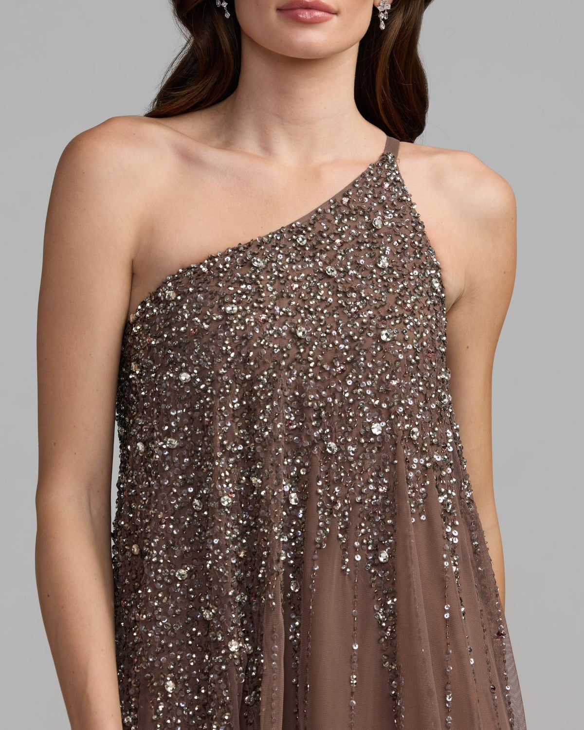 Mac Duggal Brown One Shoulder Embellished Trapeze Gown