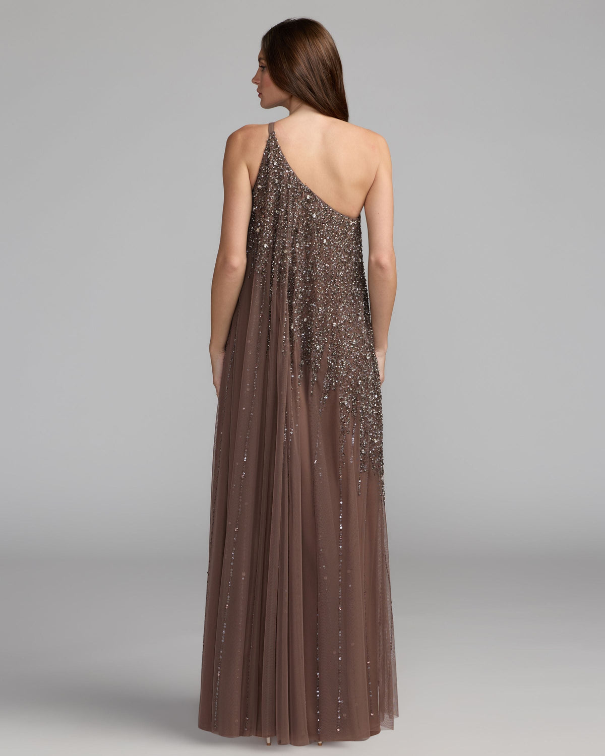 Mac Duggal Brown One Shoulder Embellished Trapeze Gown