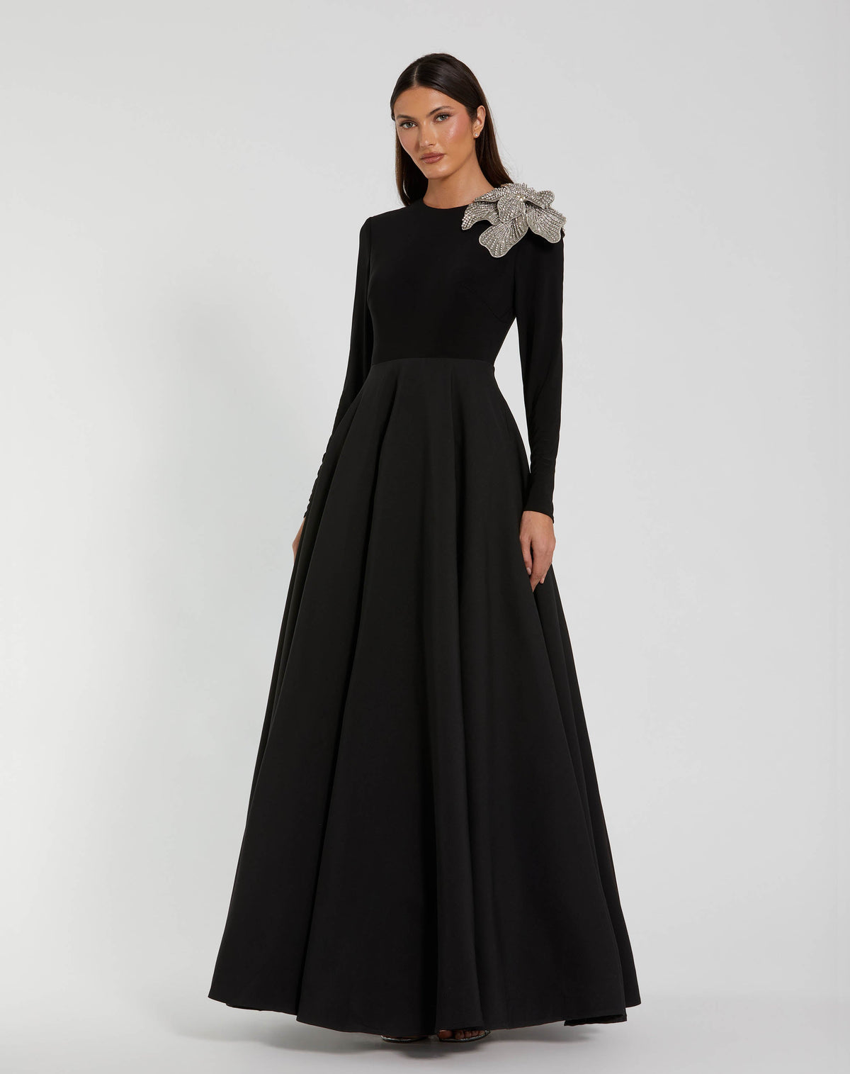 Mac Duggal Petite Black Long Sleeve Ball Gown With Rhinestone Flower