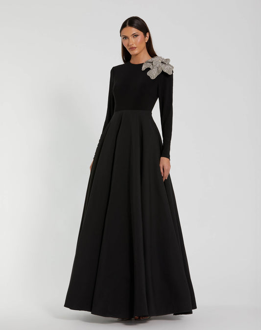 Mac Duggal Petite Black Long Sleeve Ball Gown With Rhinestone Flower
