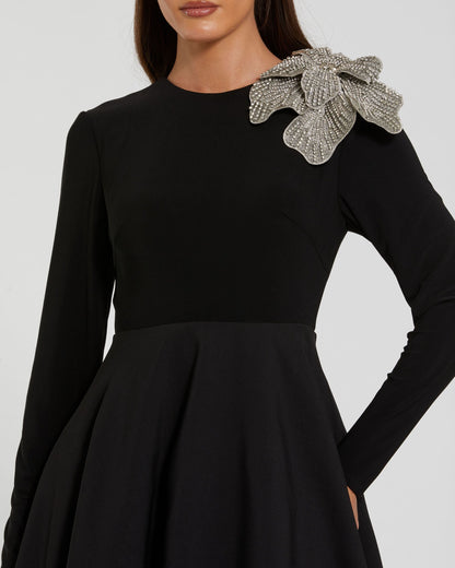 Mac Duggal Petite Black Long Sleeve Ball Gown With Rhinestone Flower