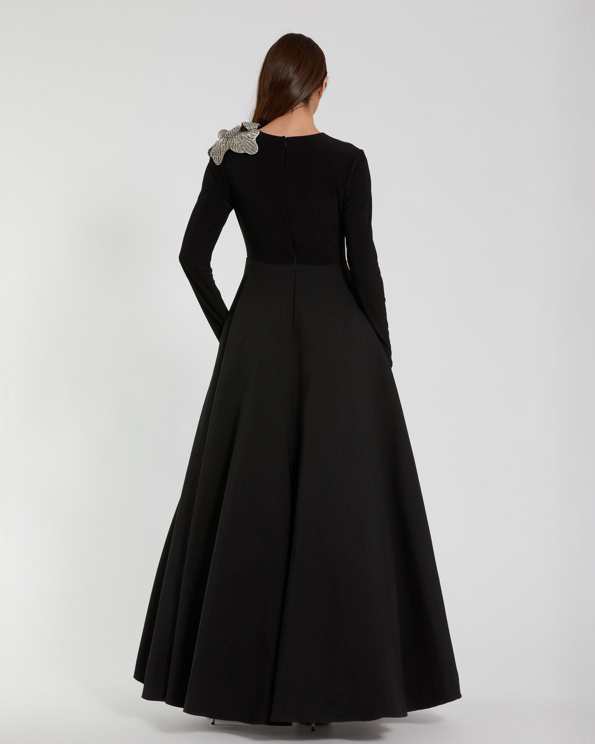 Mac Duggal Petite Black Long Sleeve Ball Gown With Rhinestone Flower