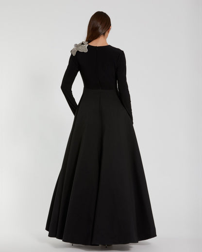 Mac Duggal Petite Black Long Sleeve Ball Gown With Rhinestone Flower