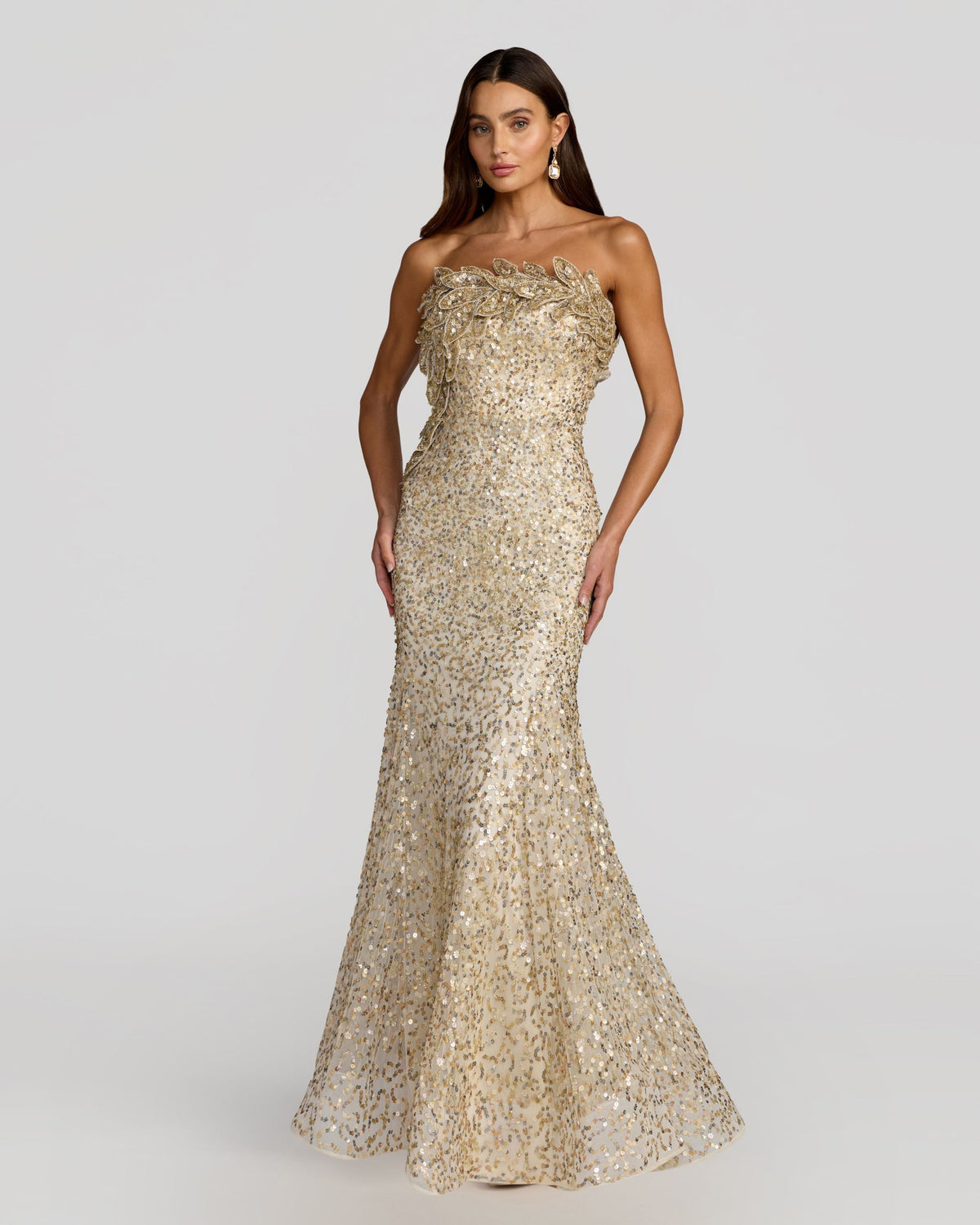 Mac Duggal Gold Strapless Mermaid Gown With 3D Floral Appliqué